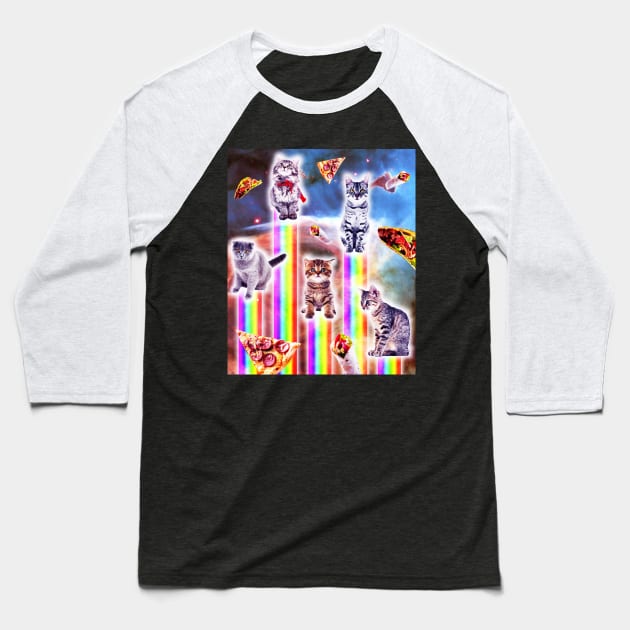 Outer Space Galaxy Cats With Rainbow Baseball T-Shirt by Random Galaxy